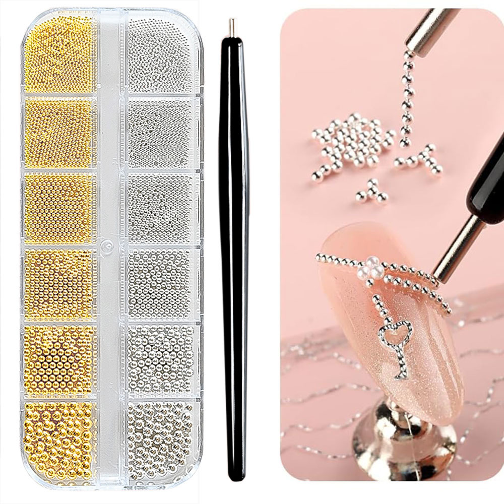 Nail Art Valentines Day - 12Grid Gold/Silver Mini Caviar Beads Nail